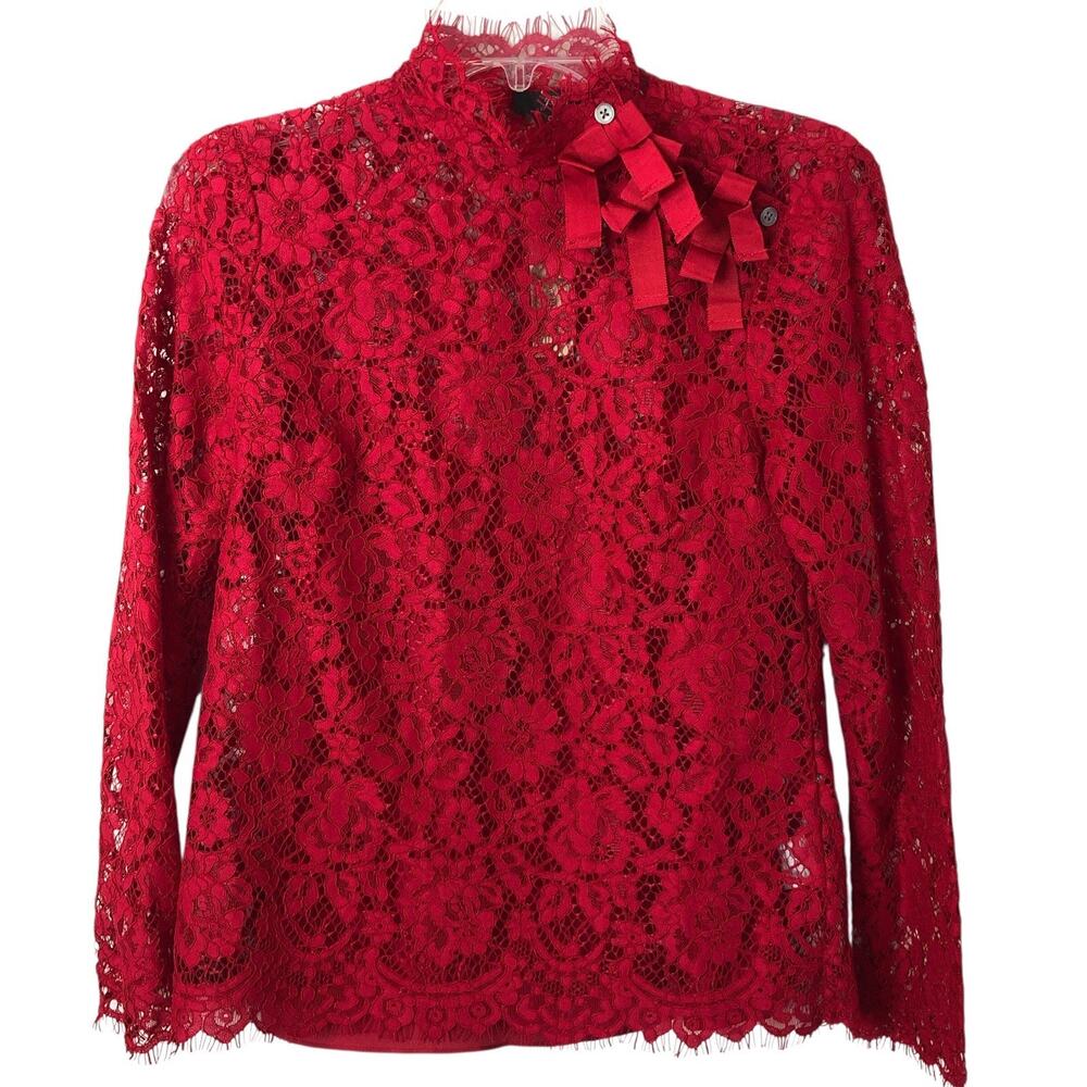 J. Crew NWT Women's Red Mockneck Long Sleeve Top in Floral Lace w/Camisole 00